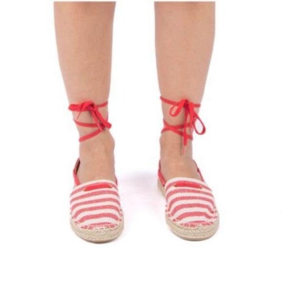 Red & Beige Lace Up Espadrilles - Picture 2 of 7
